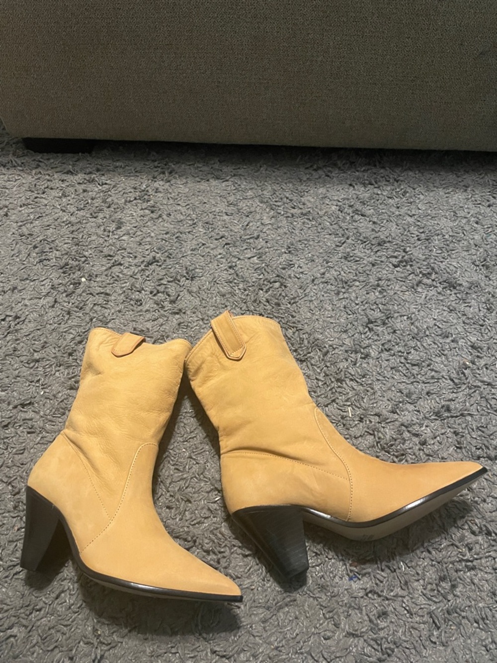 SCHUTZ Pointed-Toe Mid-Calf Heeled Boots in Tan - Picture 2 of 11